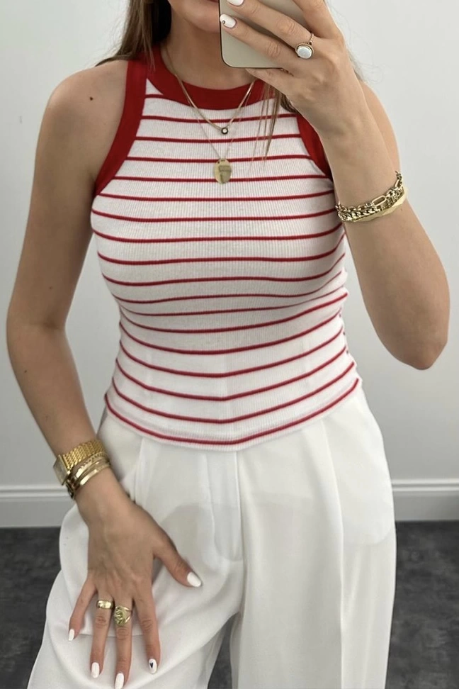 Pullaps Çizgili Halter Yaka Fitilli Atlet Tam Boy Bordo