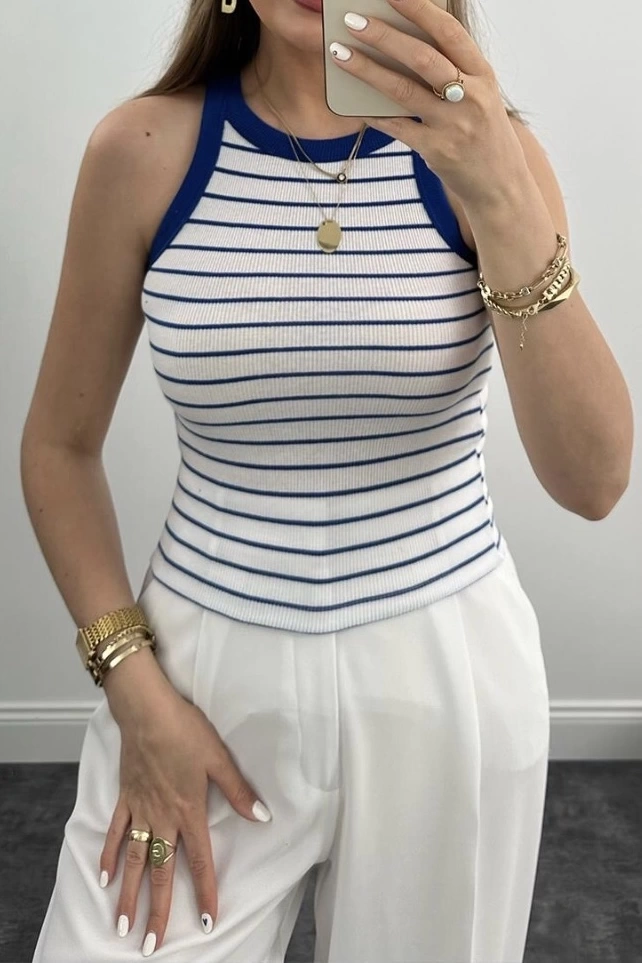 Pullaps Çizgili Halter Yaka Fitilli Atlet Tam Boy Mavi