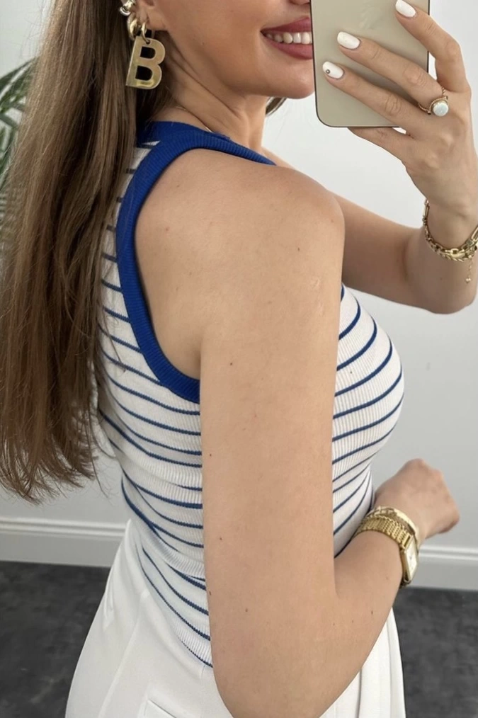 Pullaps Çizgili Halter Yaka Fitilli Atlet Tam Boy Mavi