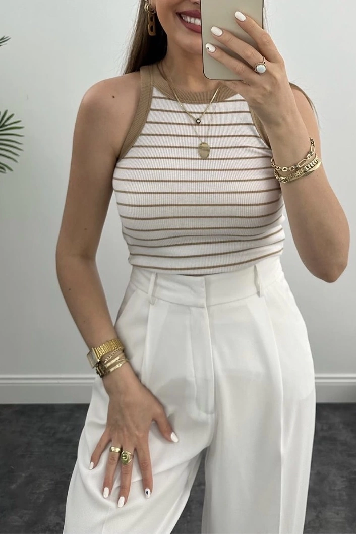 Pullaps Çizgili Halter Yaka Fitilli Atlet Tam Boy Vizon