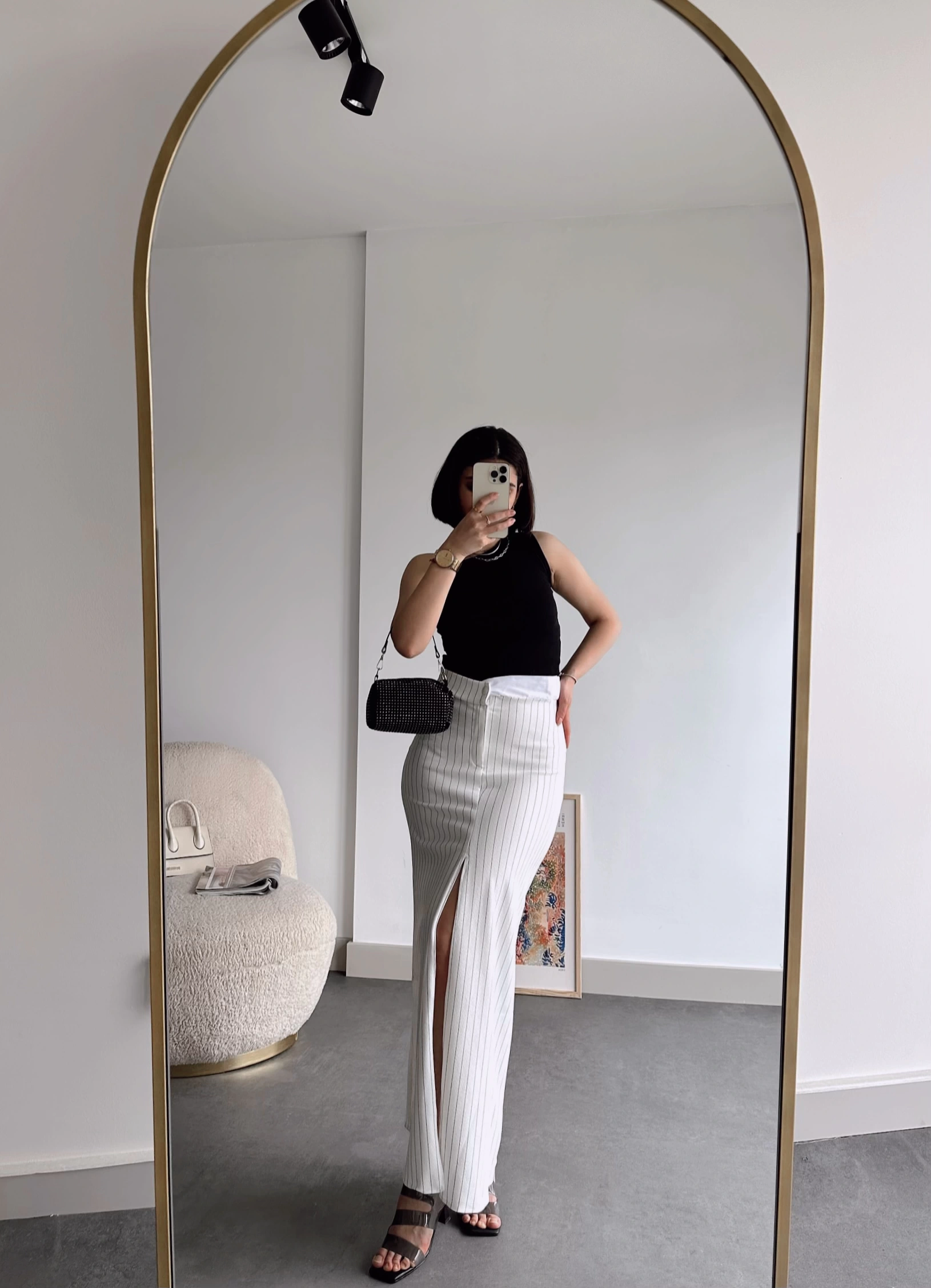 Pullaps Çizgili Ön Yırtmaçlı Etek Beyaz