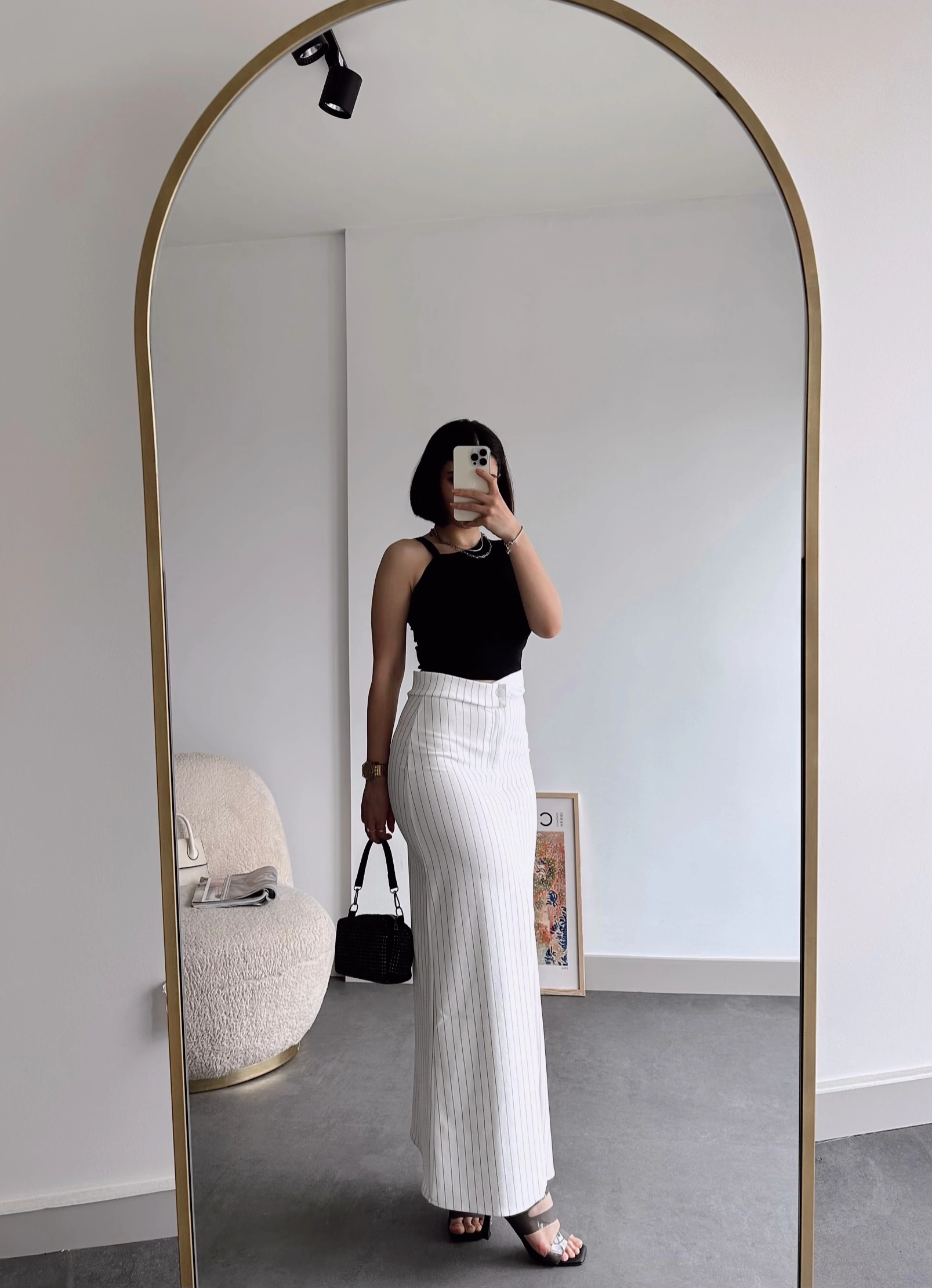 Pullaps Çizgili Ön Yırtmaçlı Etek Beyaz