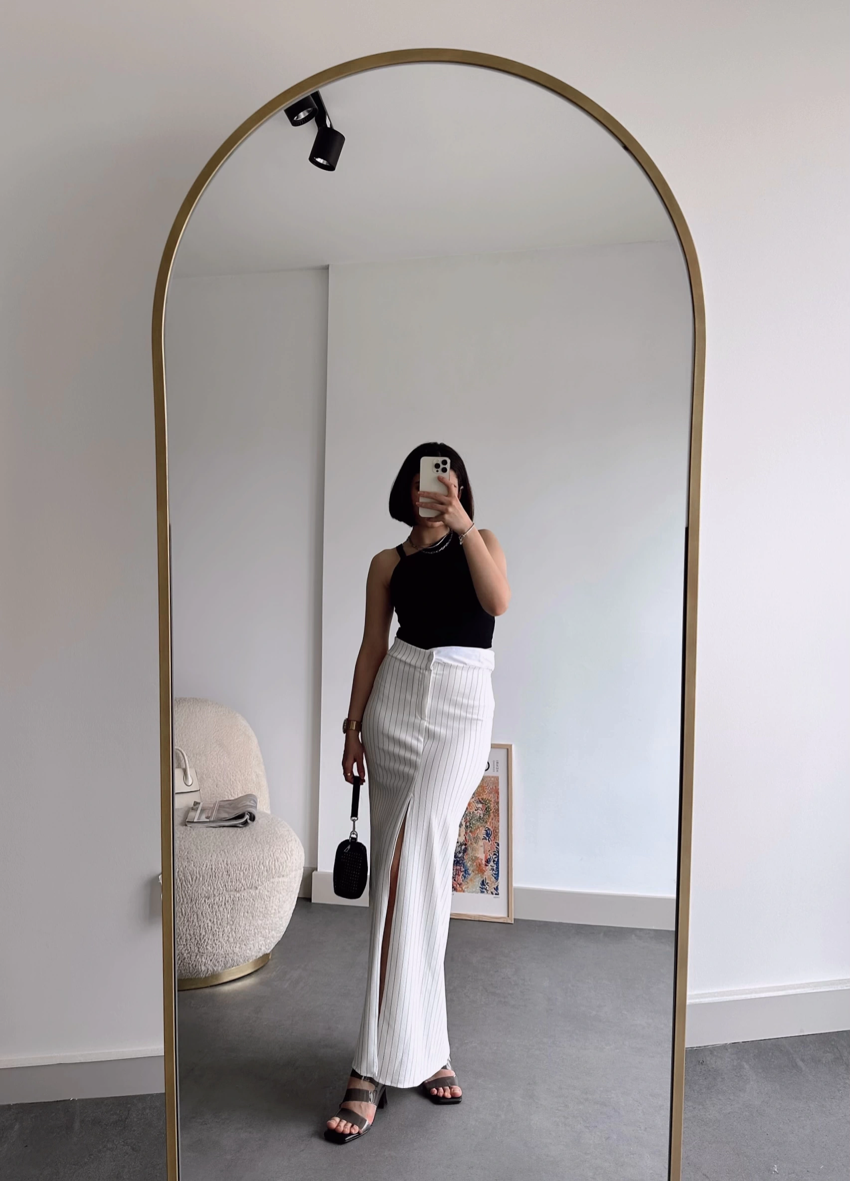 Pullaps Çizgili Ön Yırtmaçlı Etek Beyaz