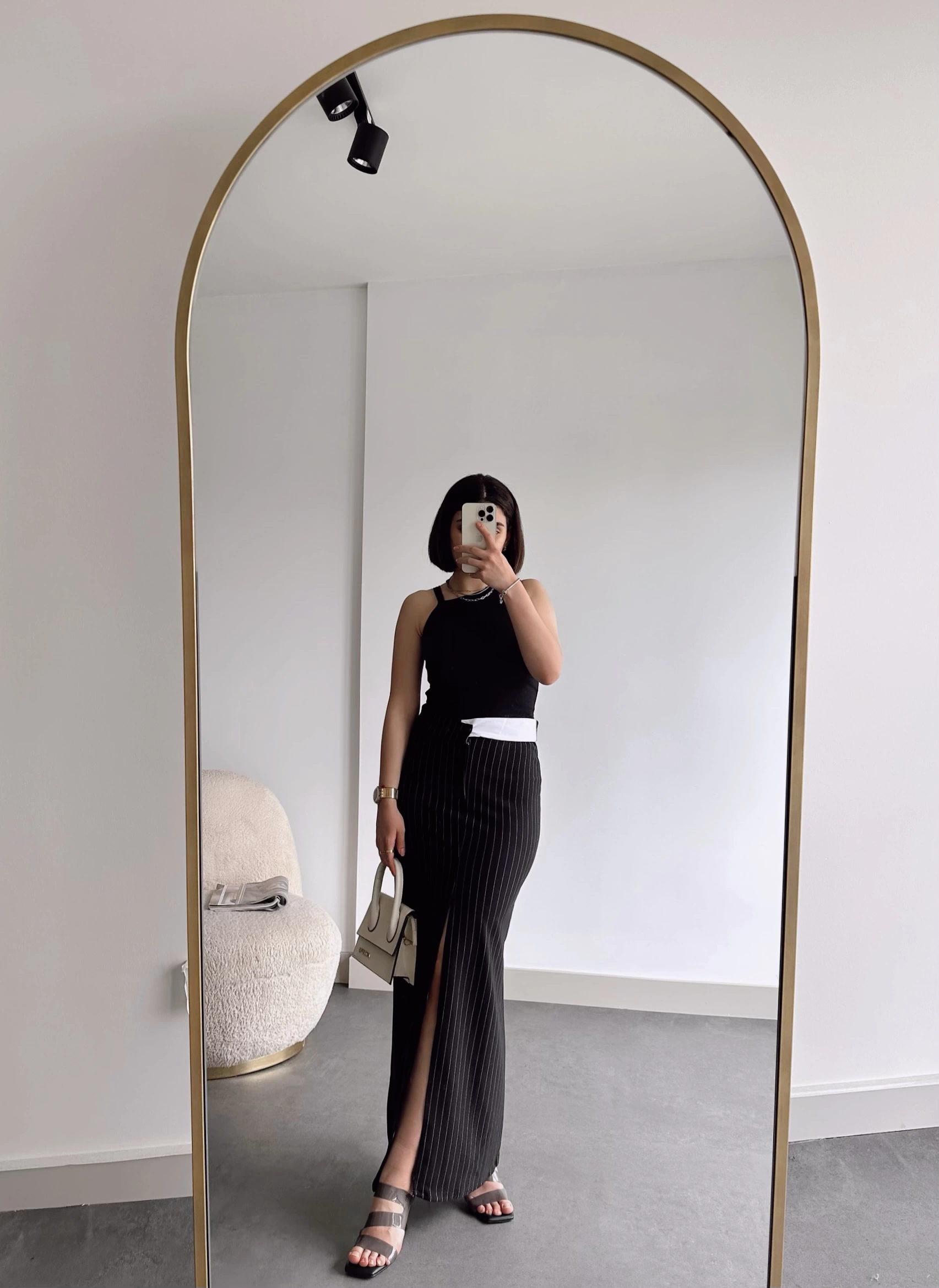 Pullaps Çizgili Ön Yırtmaçlı Etek Siyah