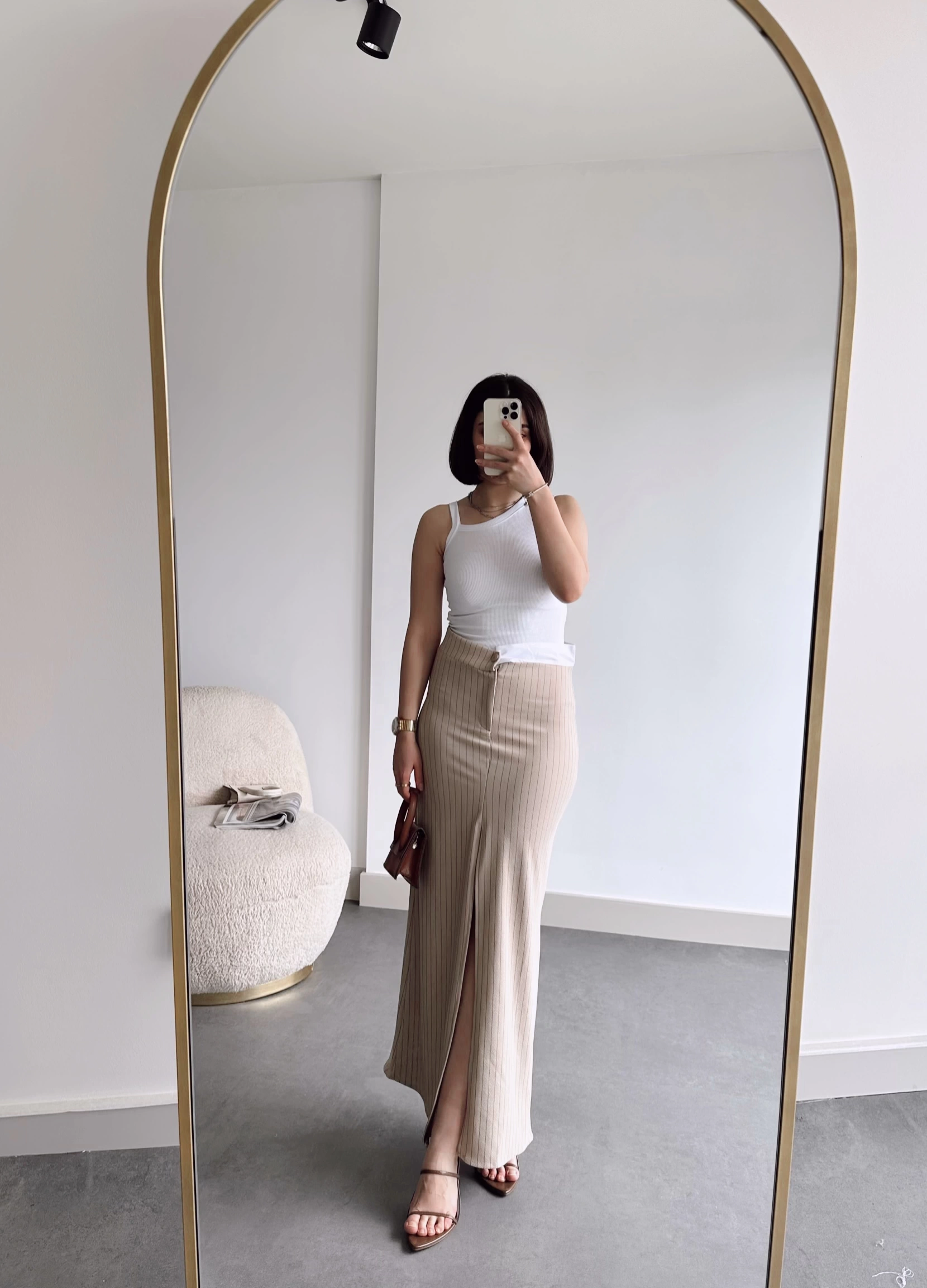 Pullaps Çizgili Ön Yırtmaçlı Etek Vizon