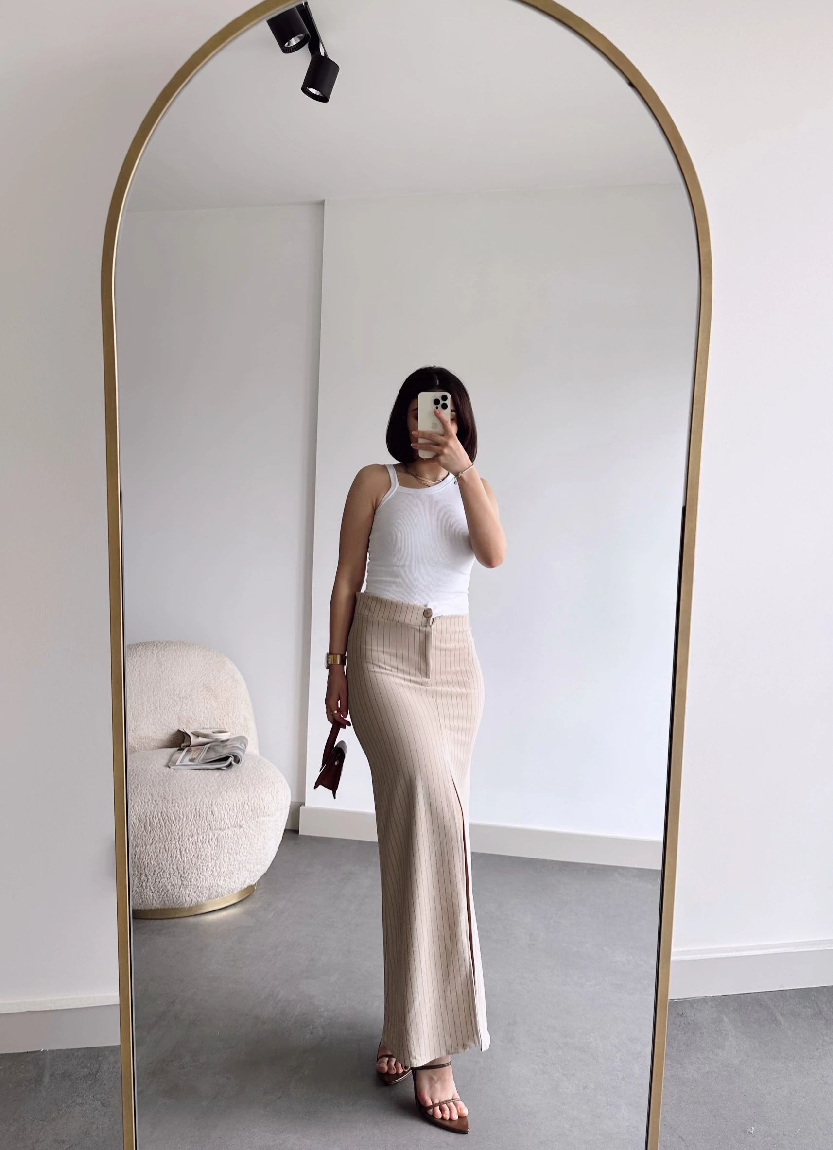 Pullaps Çizgili Ön Yırtmaçlı Etek Vizon