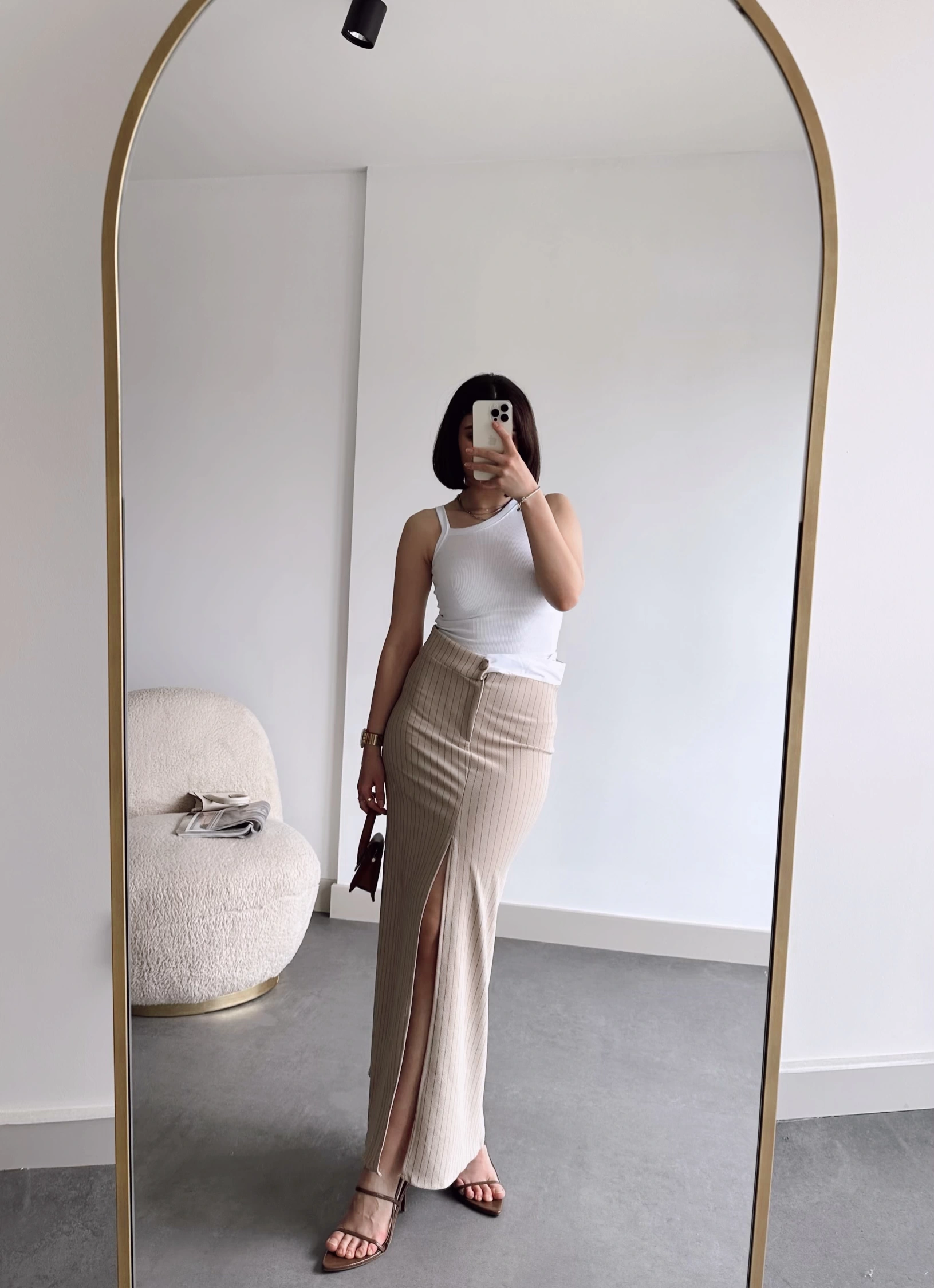 Pullaps Çizgili Ön Yırtmaçlı Etek Vizon