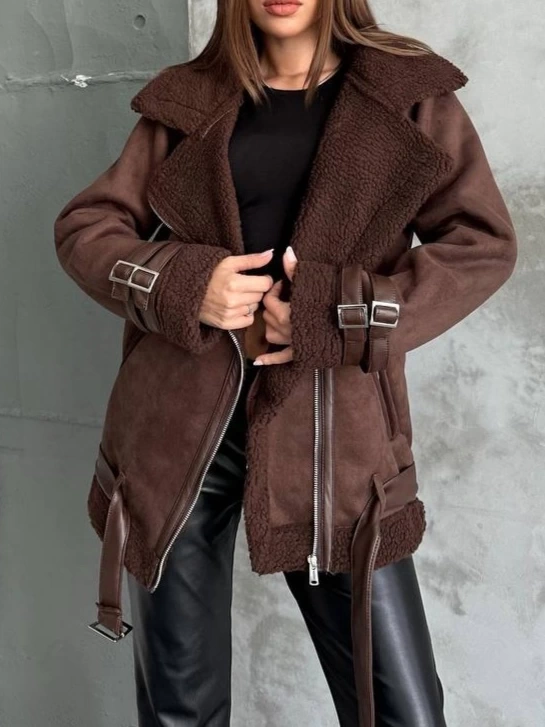 Pullaps Deri Detaylı Kürklü Nubuk Mont Kahve