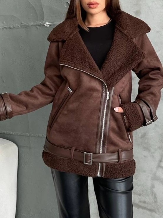 Pullaps Deri Detaylı Kürklü Nubuk Mont Kahve