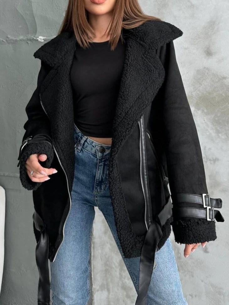 Pullaps Deri Detaylı Kürklü Nubuk Mont Siyah