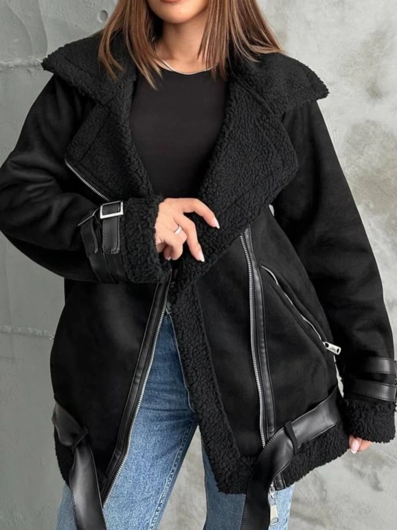 Pullaps Deri Detaylı Kürklü Nubuk Mont Siyah