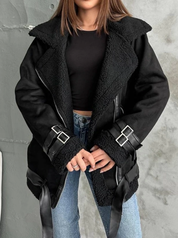 Pullaps Deri Detaylı Kürklü Nubuk Mont Siyah