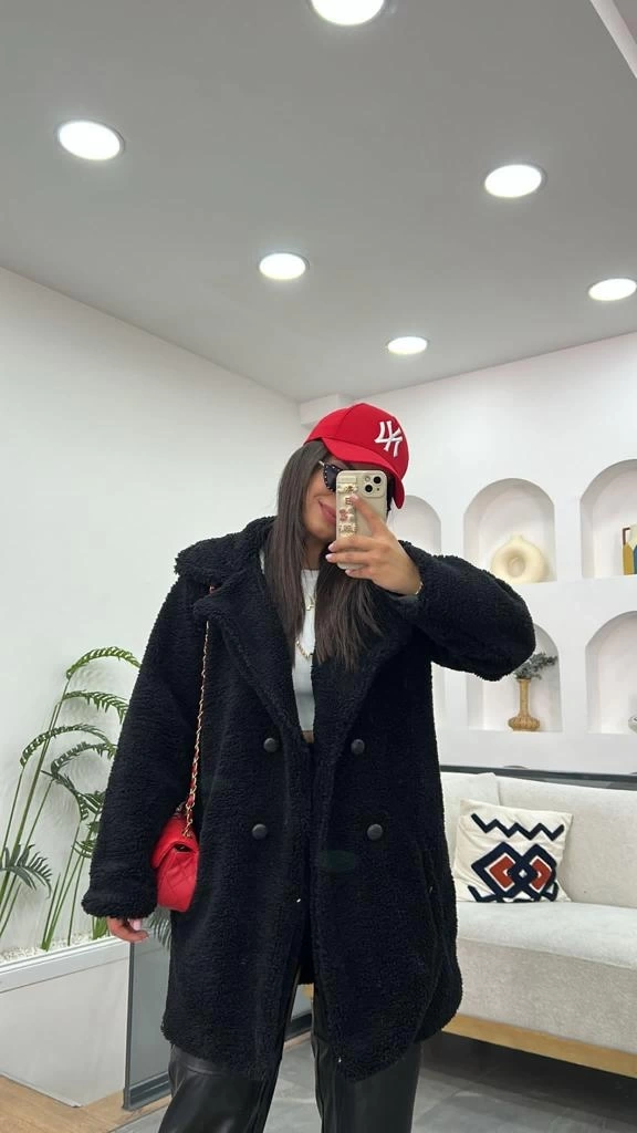 Pullaps Dört Düğmeli Cepli Komple Astarlı Kaban Siyah