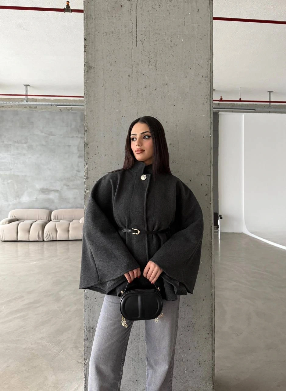 Pullaps Düğme Detaylı Kemerli Kaşe Panço Antrasit