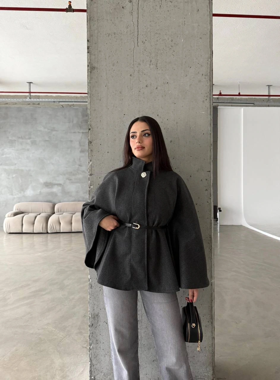 Pullaps Düğme Detaylı Kemerli Kaşe Panço Antrasit