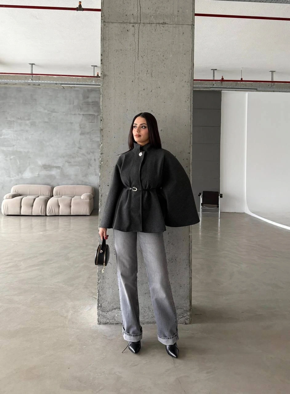 Pullaps Düğme Detaylı Kemerli Kaşe Panço Antrasit