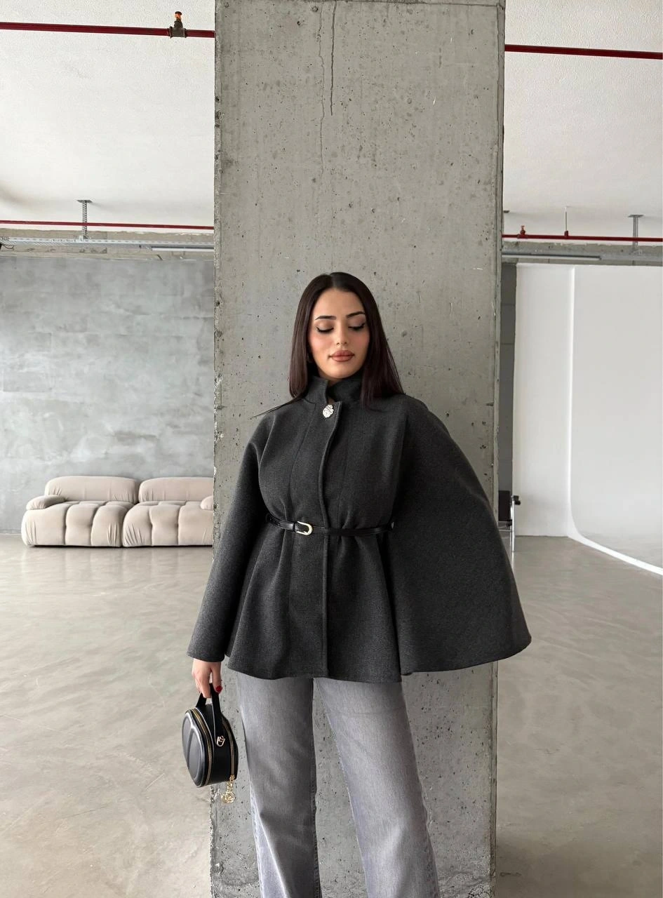 Pullaps Düğme Detaylı Kemerli Kaşe Panço Antrasit