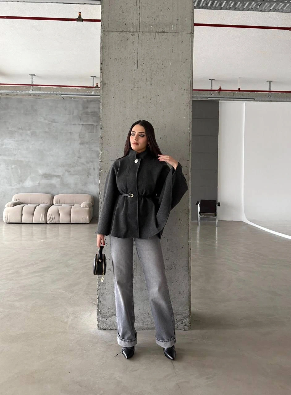 Pullaps Düğme Detaylı Kemerli Kaşe Panço Antrasit