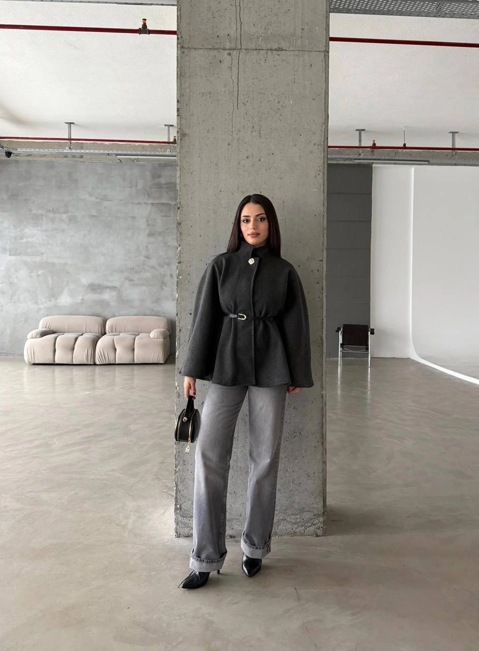 Pullaps Düğme Detaylı Kemerli Kaşe Panço Antrasit