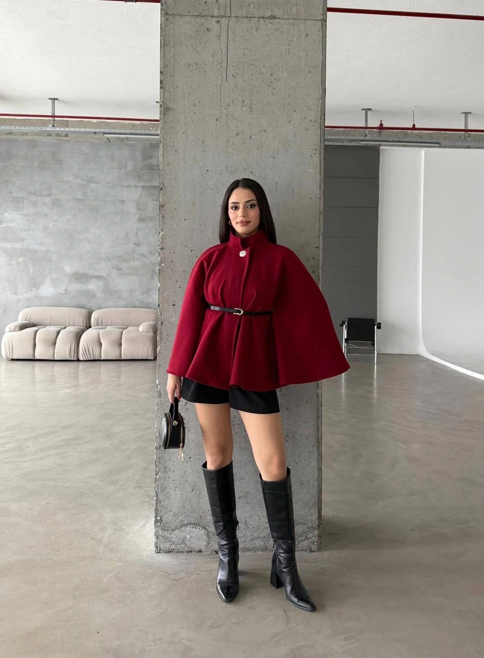 Pullaps Düğme Detaylı Kemerli Kaşe Panço Bordo