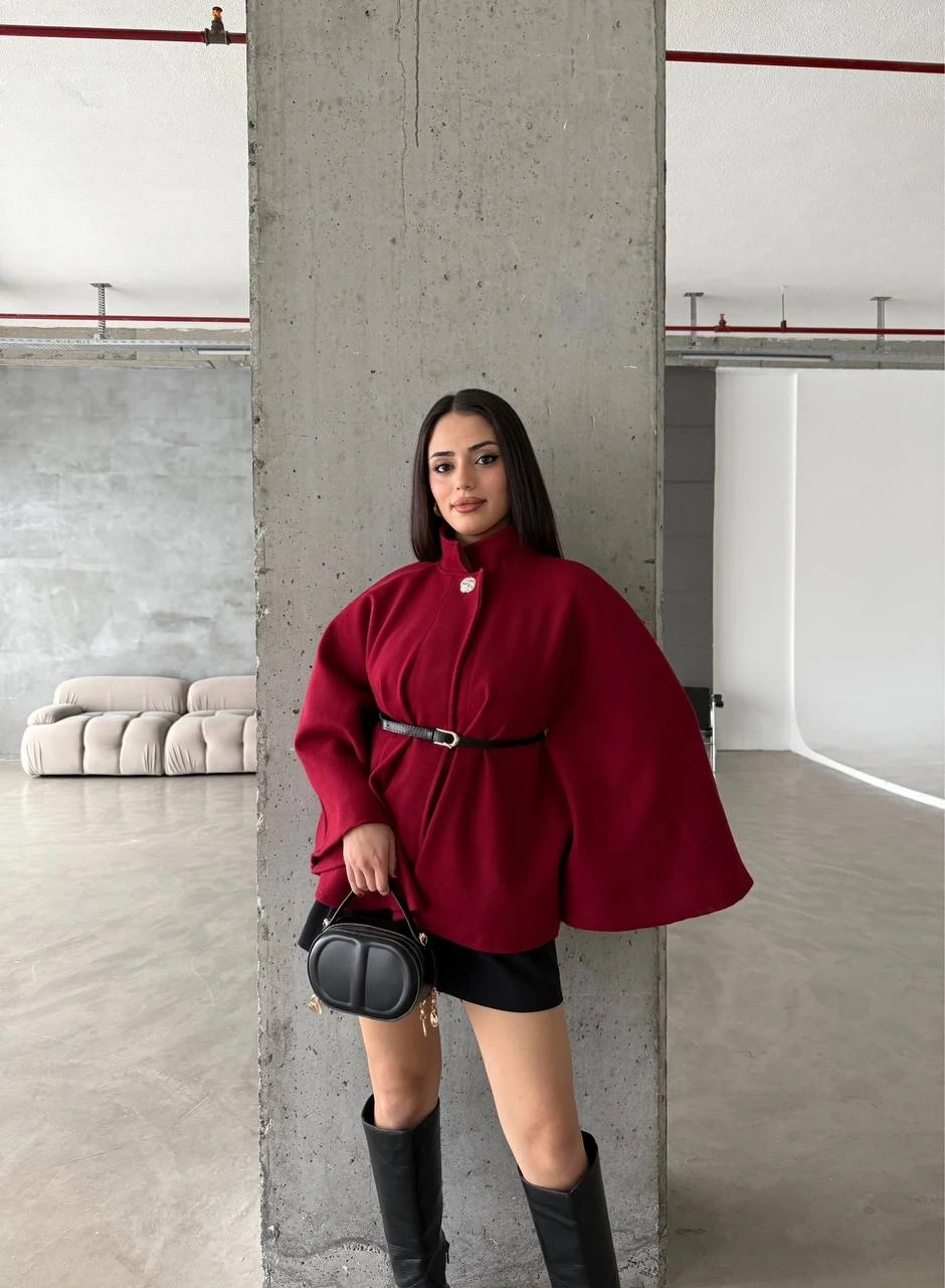 Pullaps Düğme Detaylı Kemerli Kaşe Panço Bordo