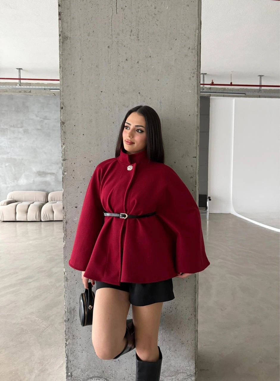 Pullaps Düğme Detaylı Kemerli Kaşe Panço Bordo