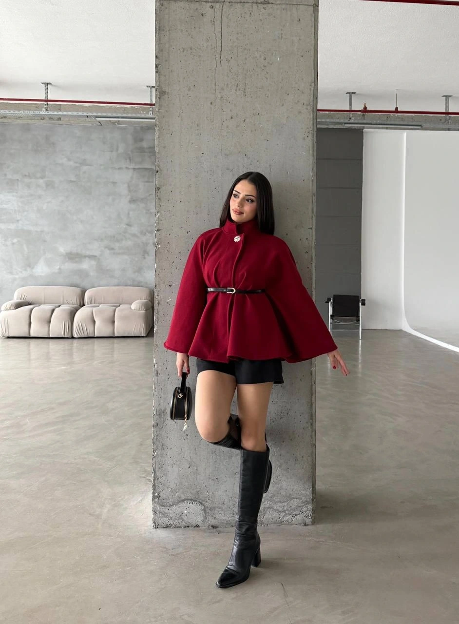 Pullaps Düğme Detaylı Kemerli Kaşe Panço Bordo