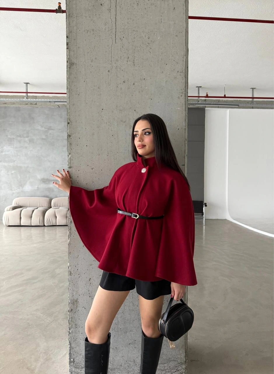 Pullaps Düğme Detaylı Kemerli Kaşe Panço Bordo