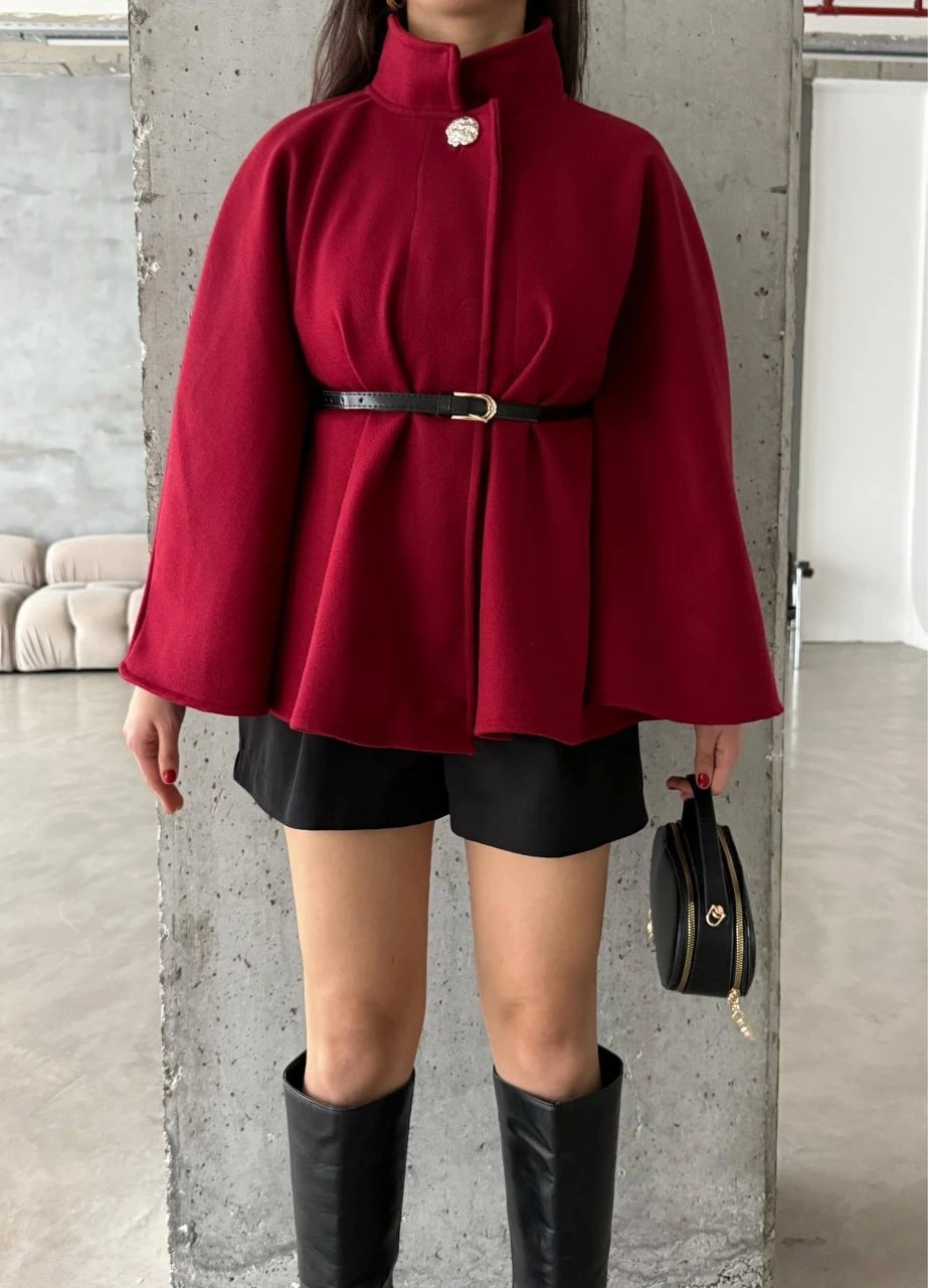 Pullaps Düğme Detaylı Kemerli Kaşe Panço Bordo