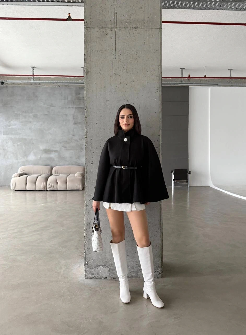 Pullaps Düğme Detaylı Kemerli Kaşe Panço Siyah