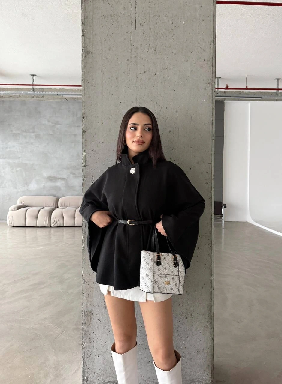 Pullaps Düğme Detaylı Kemerli Kaşe Panço Siyah