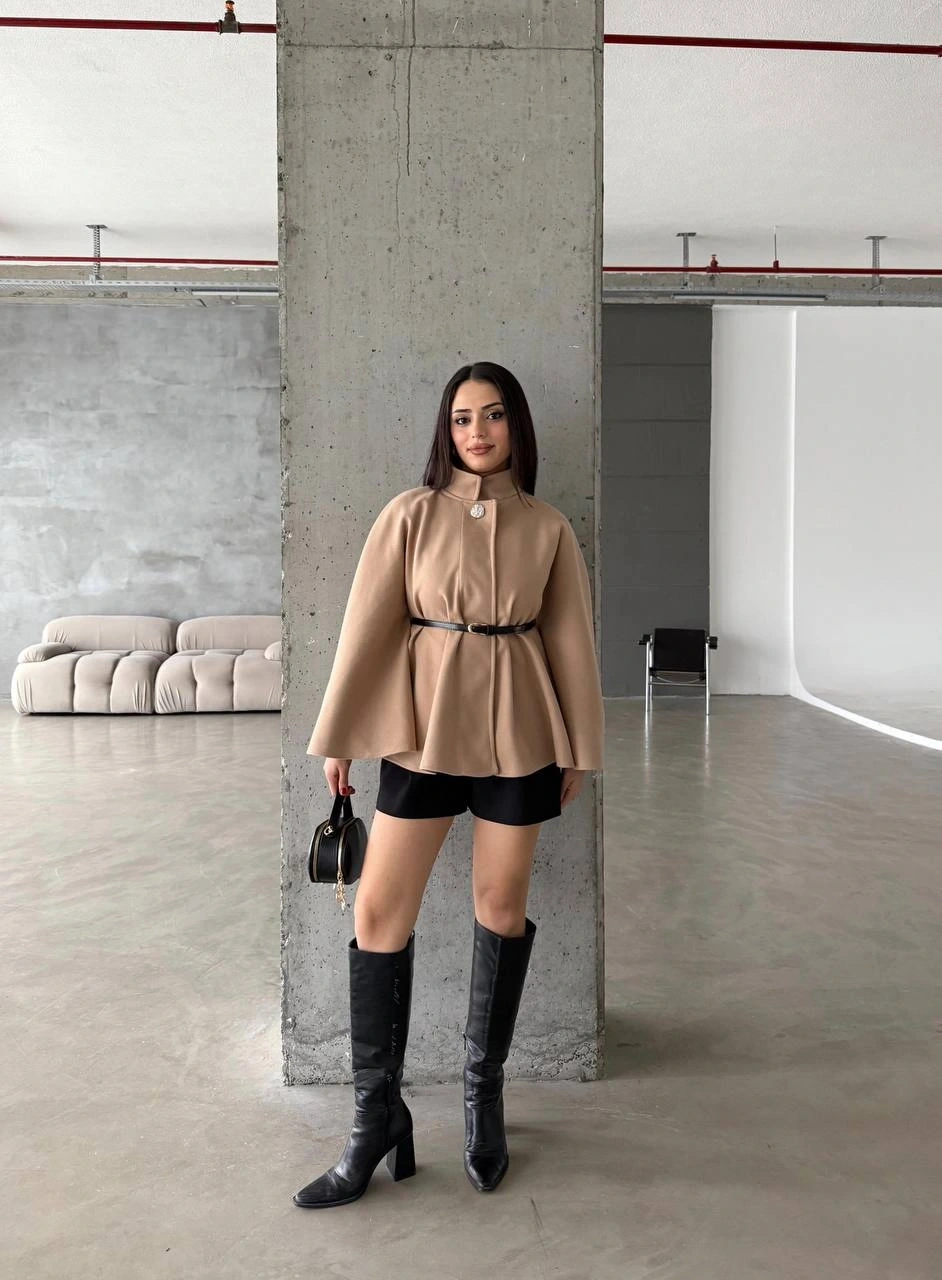 Pullaps Düğme Detaylı Kemerli Kaşe Panço Vizon