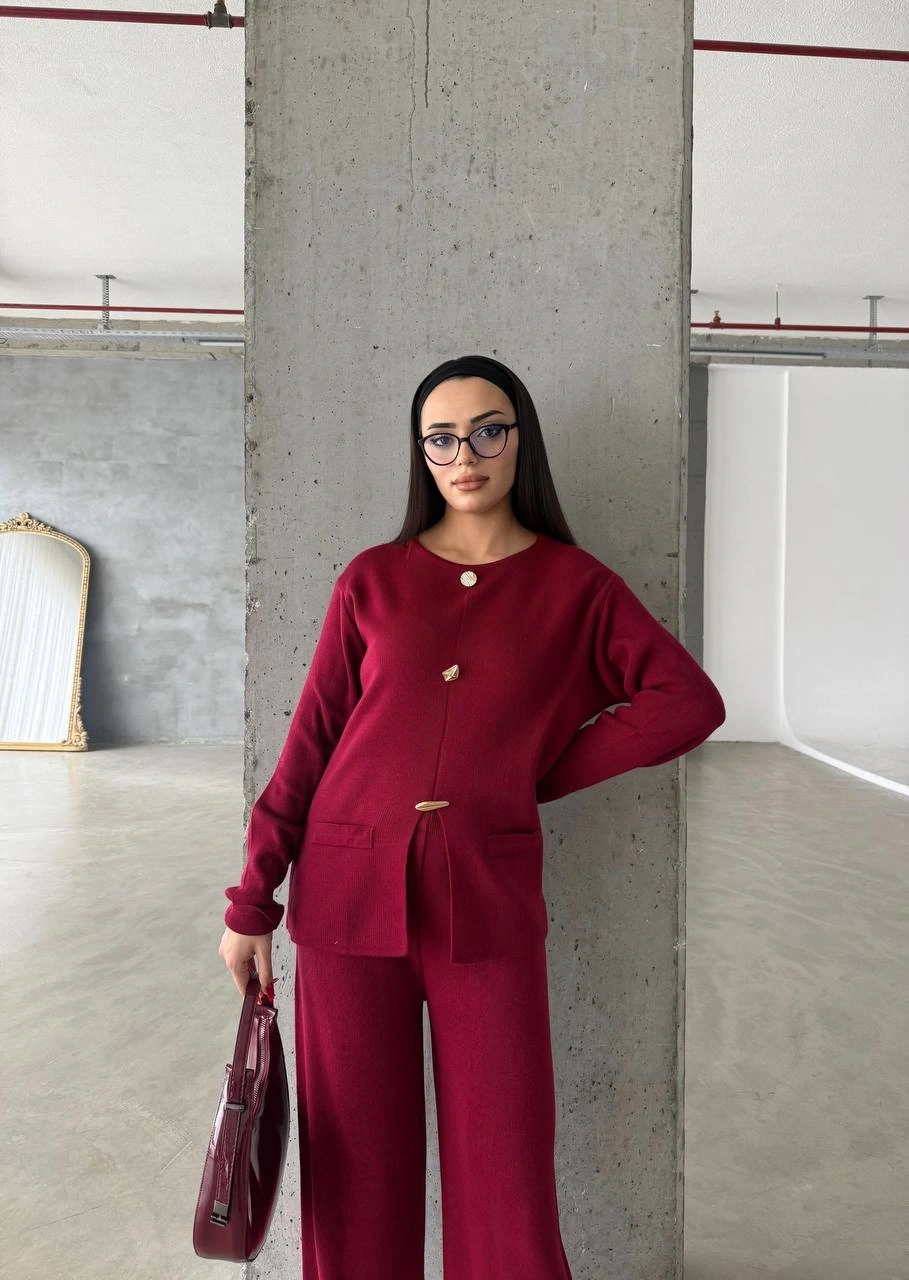 Pullaps Düğme Detaylı Triko Takım Bordo