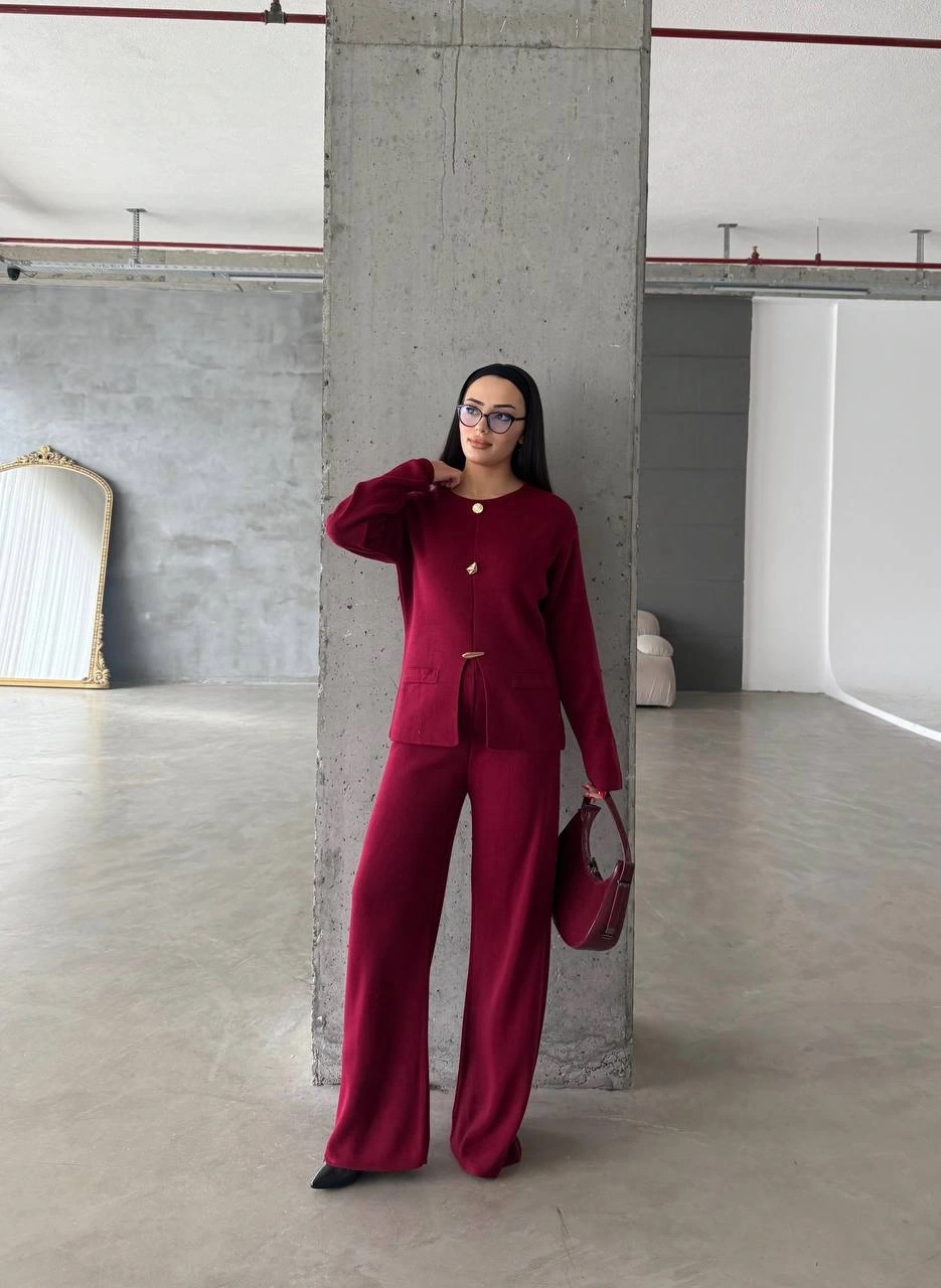 Pullaps Düğme Detaylı Triko Takım Bordo