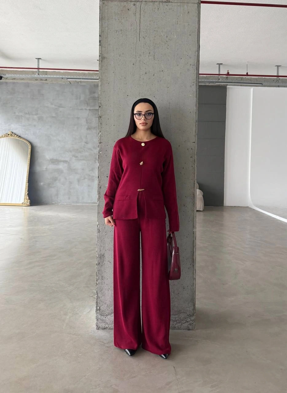 Pullaps Düğme Detaylı Triko Takım Bordo