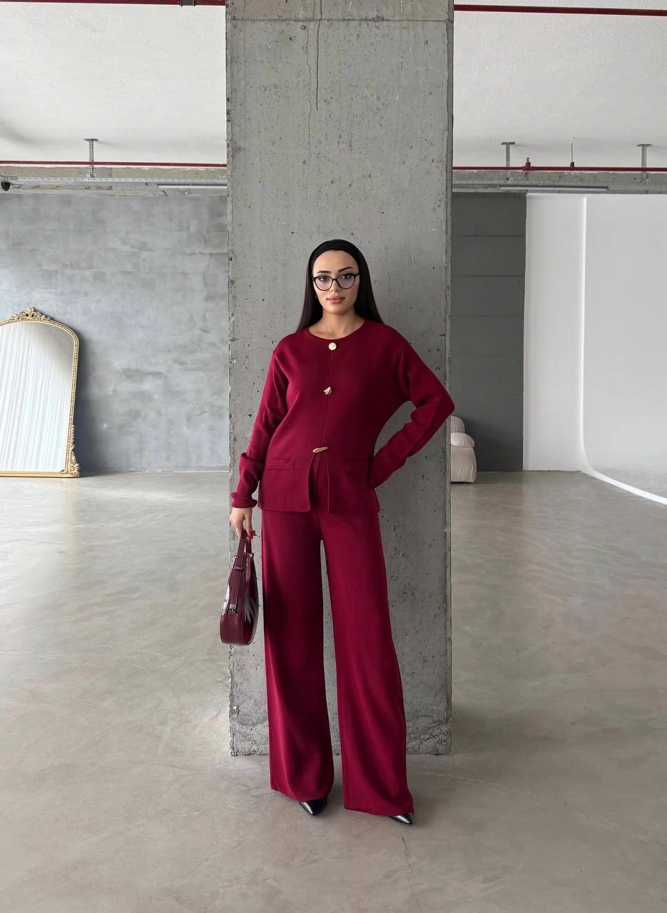 Pullaps Düğme Detaylı Triko Takım Bordo