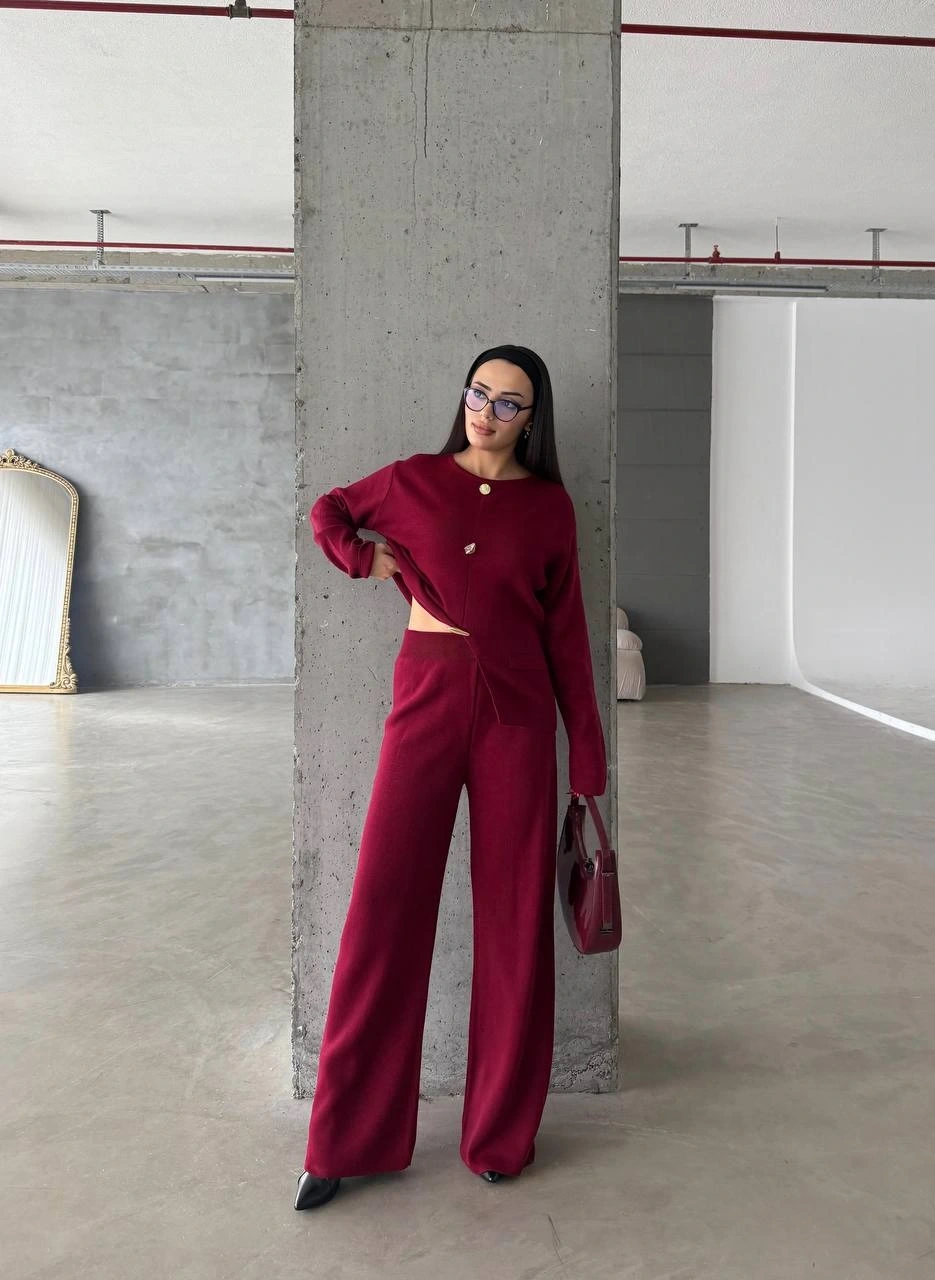 Pullaps Düğme Detaylı Triko Takım Bordo