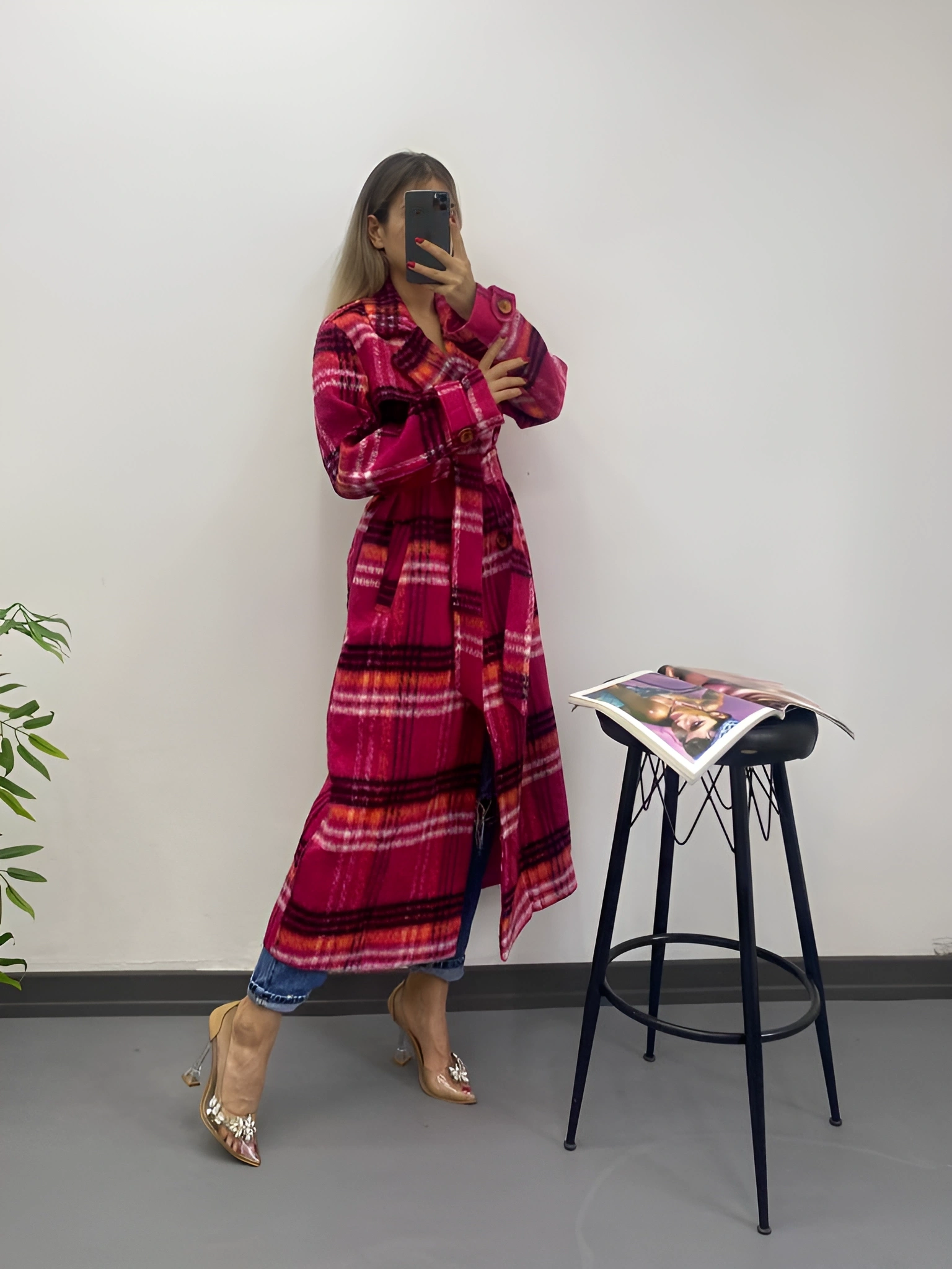 Pullaps Ekoseli Premium Astarlı Kaşe Kaban Pembe