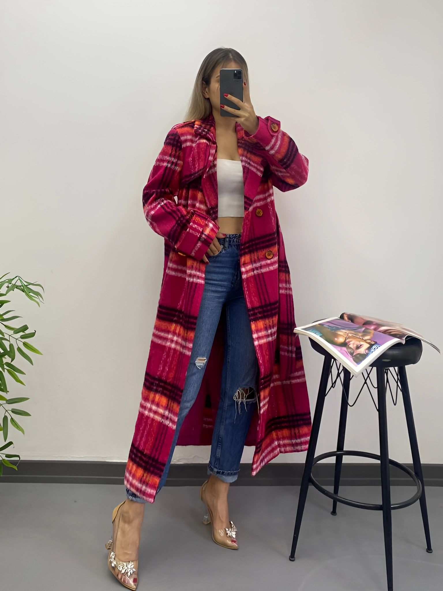 Pullaps Ekoseli Premium Astarlı Kaşe Kaban Pembe