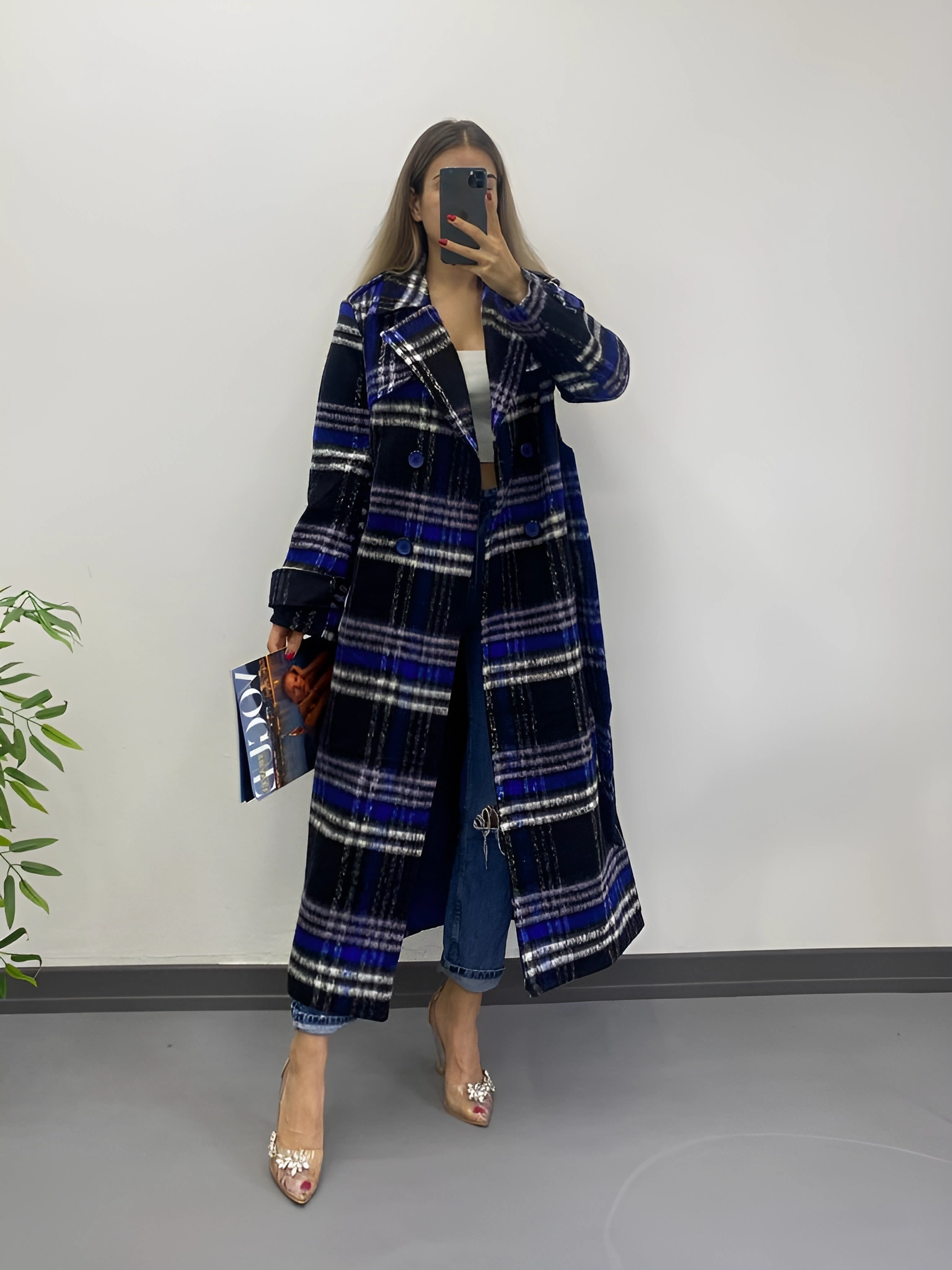 Pullaps Ekoseli Premium Astarlı Kaşe Kaban Siyah