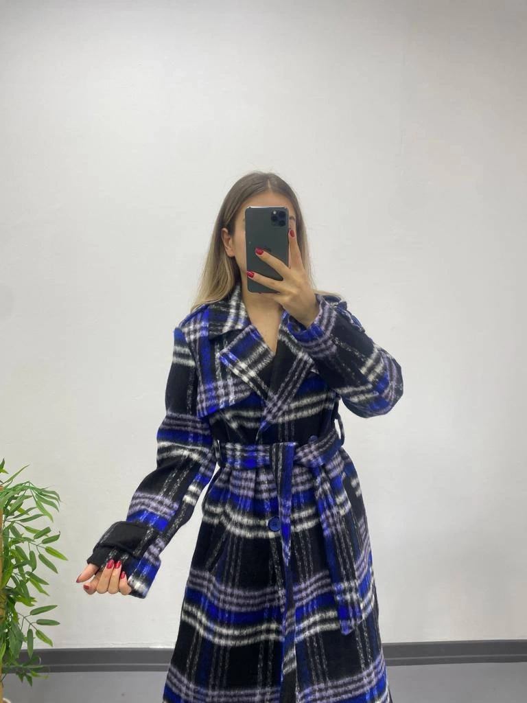 Pullaps Ekoseli Premium Astarlı Kaşe Kaban Siyah