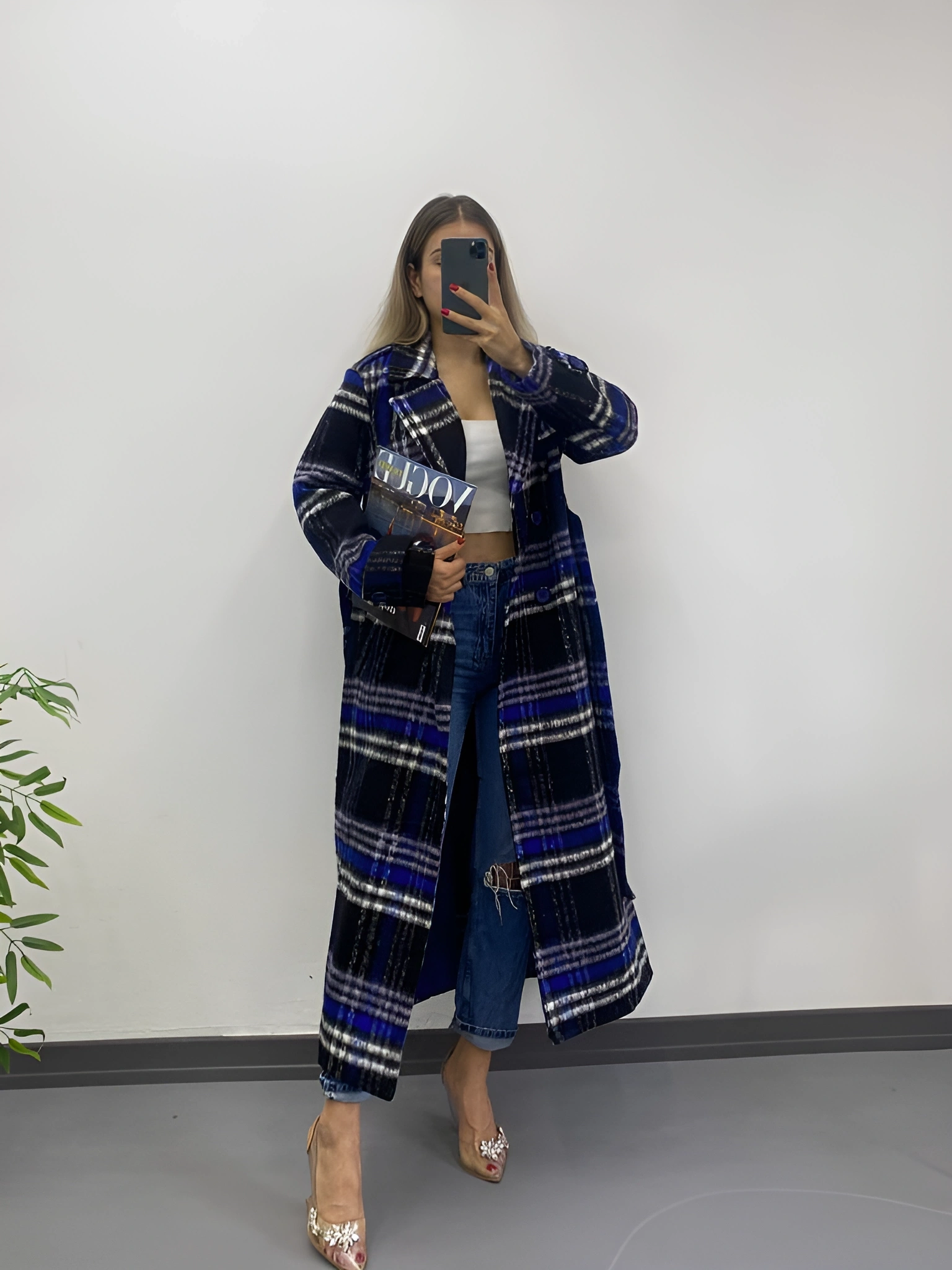 Pullaps Ekoseli Premium Astarlı Kaşe Kaban Siyah