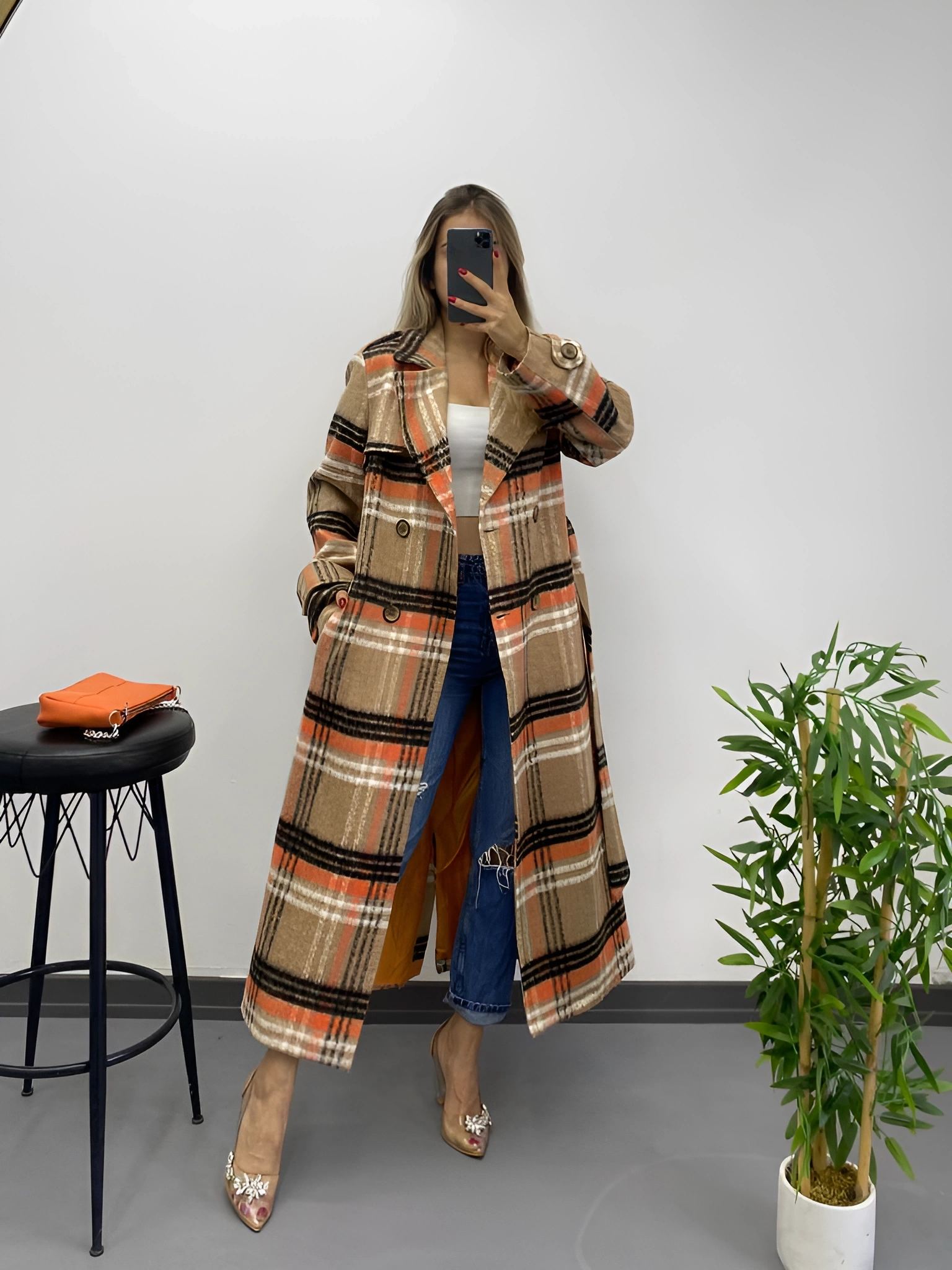 Pullaps Ekoseli Premium Astarlı Kaşe Kaban Vizon