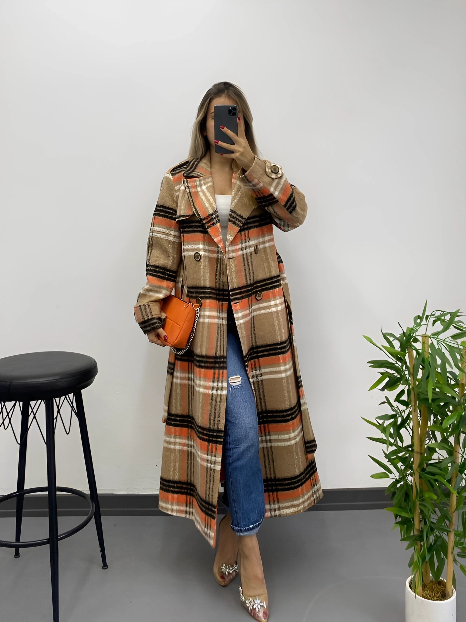 Pullaps Ekoseli Premium Astarlı Kaşe Kaban Vizon