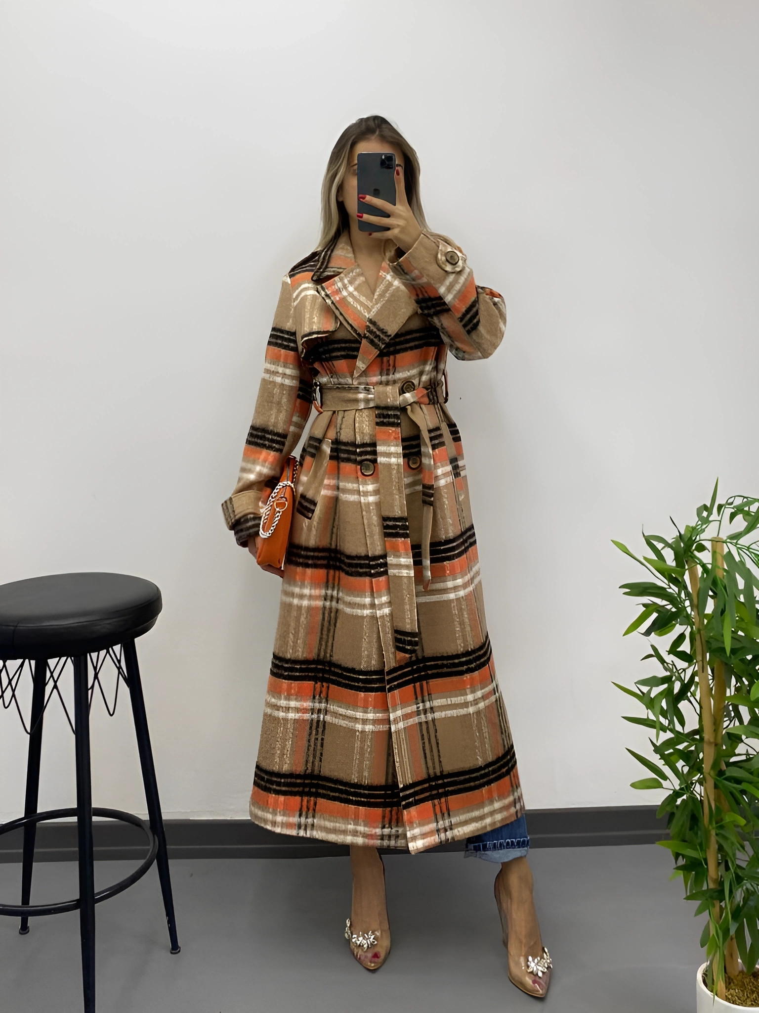 Pullaps Ekoseli Premium Astarlı Kaşe Kaban Vizon