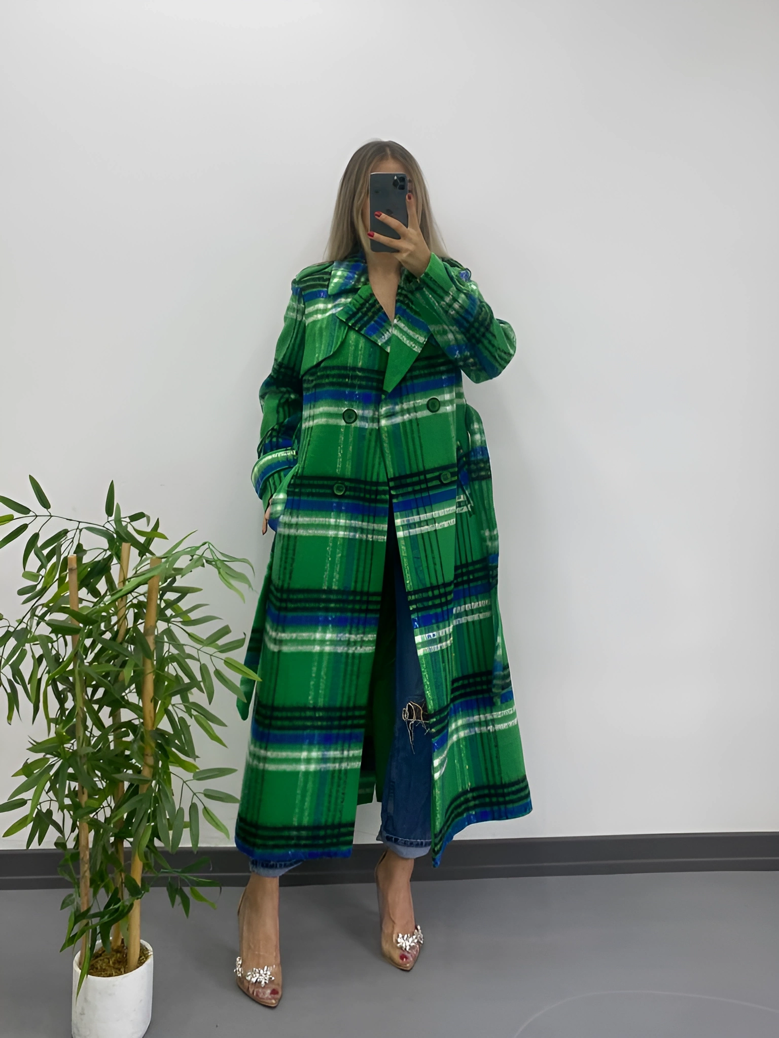 Pullaps Ekoseli Premium Astarlı Kaşe Kaban Yeşil