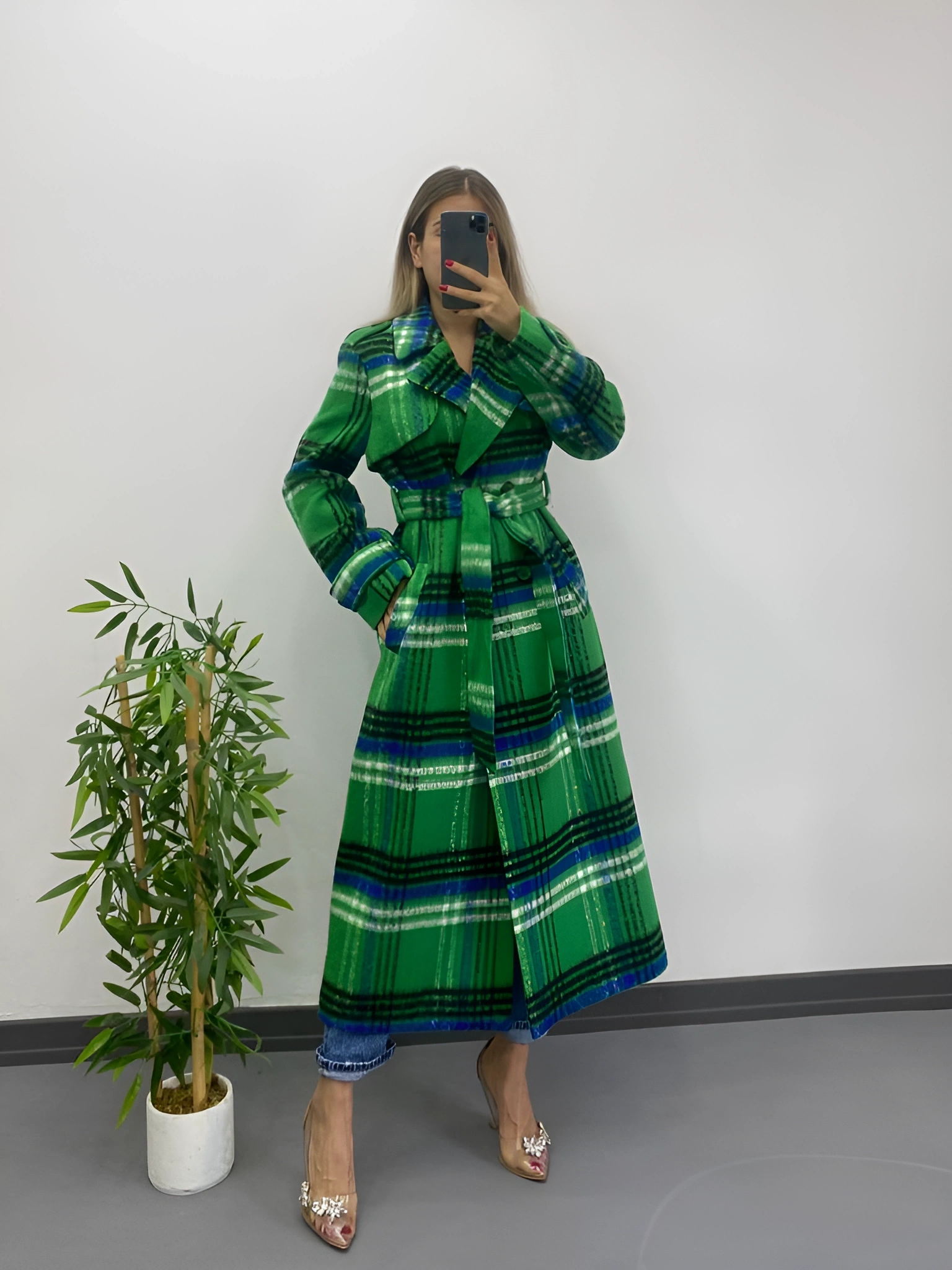 Pullaps Ekoseli Premium Astarlı Kaşe Kaban Yeşil