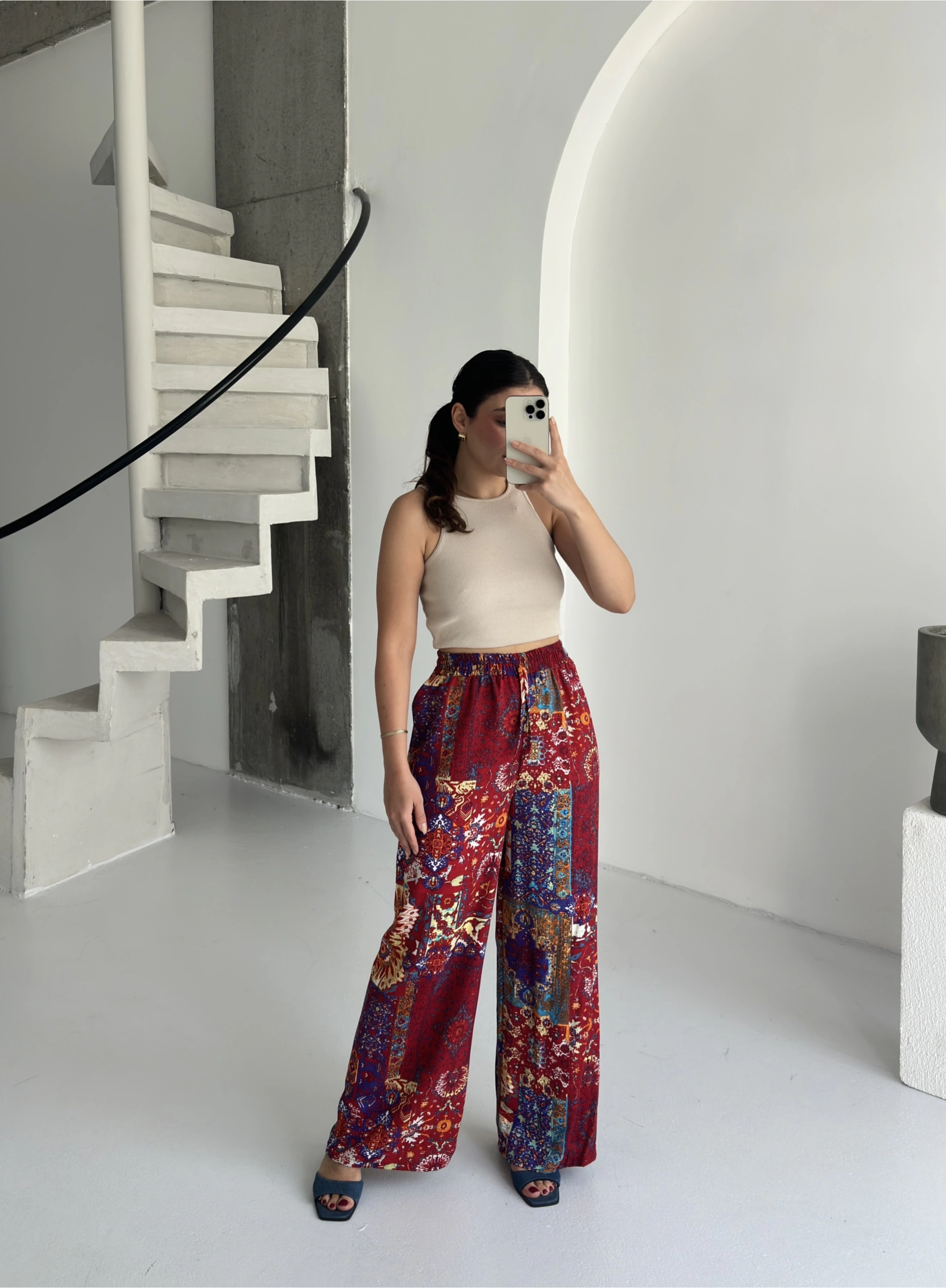 Pullaps Dokuma Viskon Etnik Desenli Palazzo Pantolon