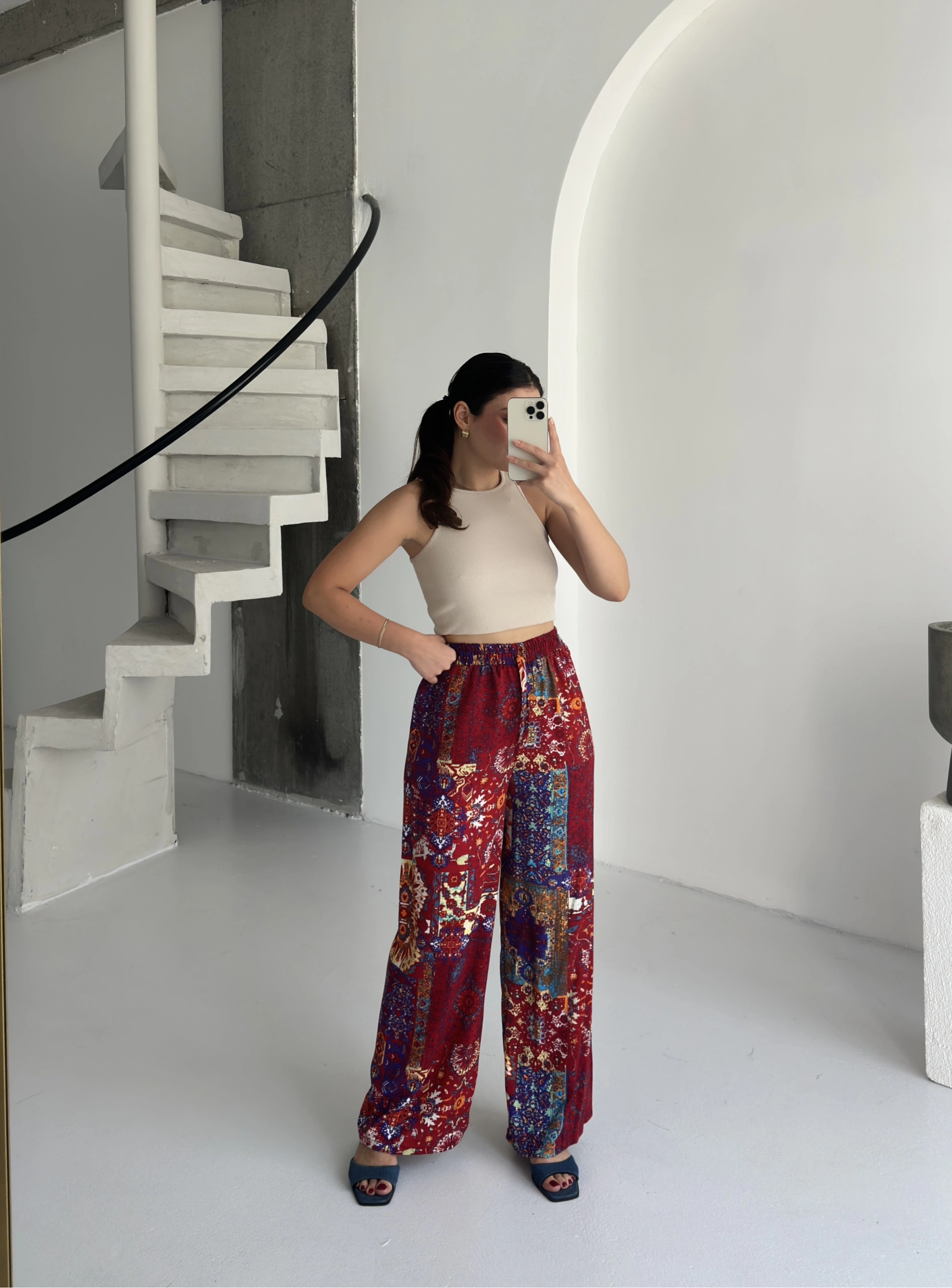 Pullaps Dokuma Viskon Etnik Desenli Palazzo Pantolon