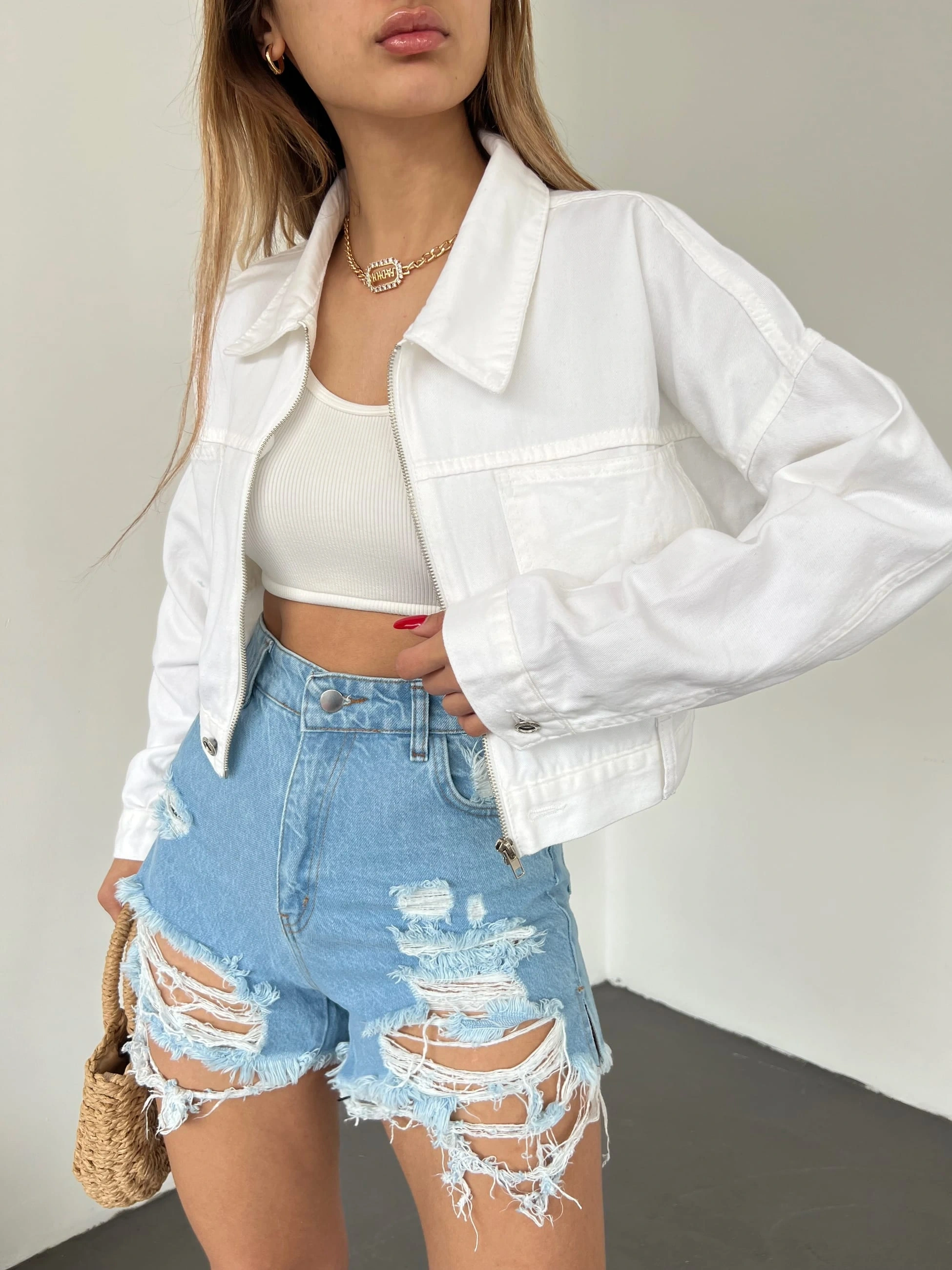 Pullaps Fermuarlı Çift Cepli Kot Mont Beyaz